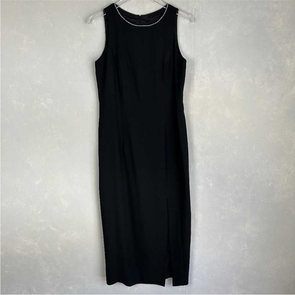 Vintage Carole Little size 10 black sleeveless sheath long dress side slit lined